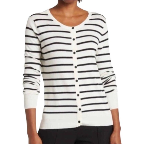 By Design Sweaters - New By Design French Stripe Button Down Front Round Neck Preppy Cardigan Cream M